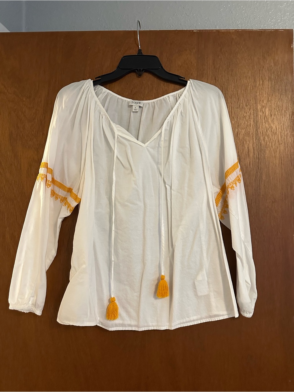 J Crew Cream Peasant Blouse with Yellow Tassels